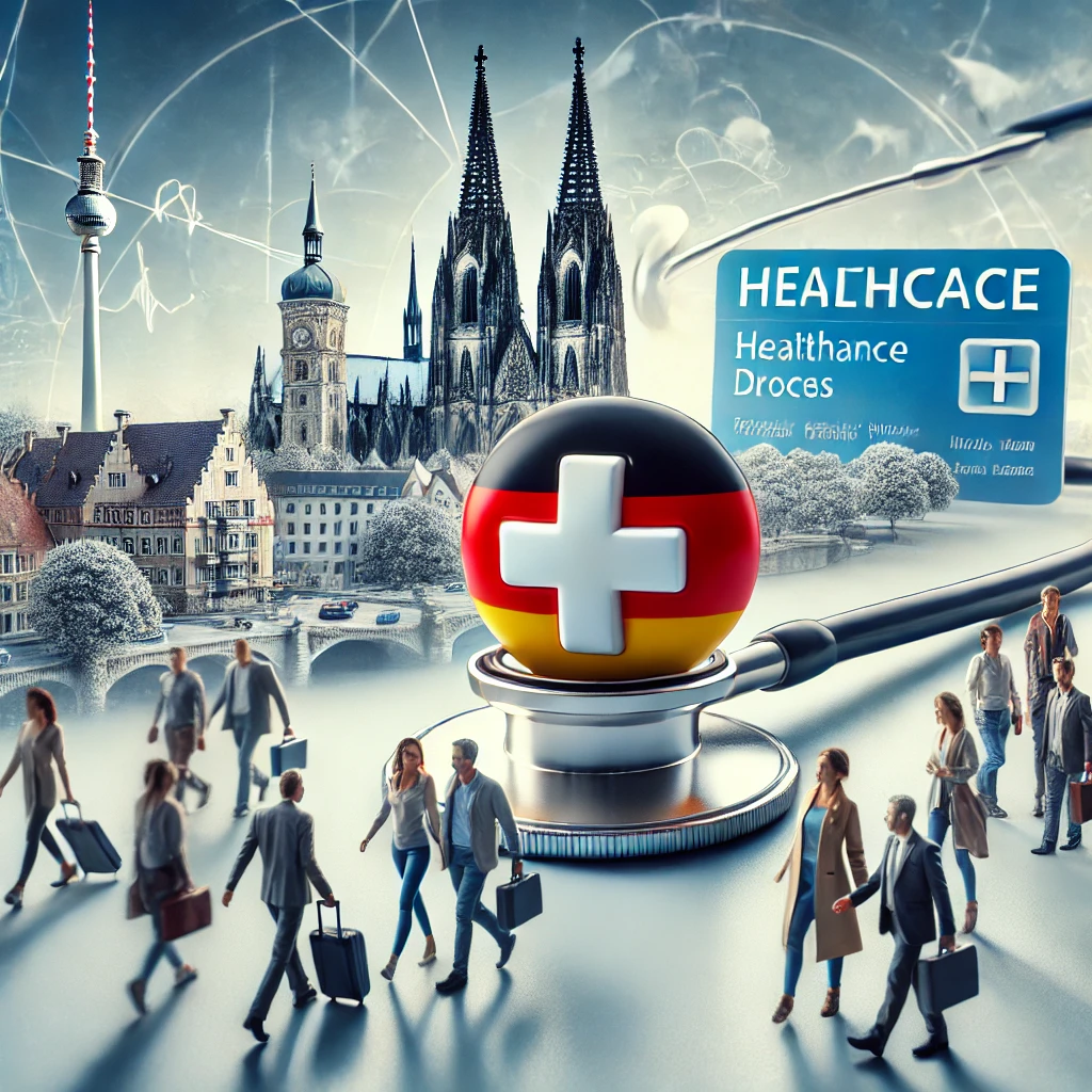 DALL·E 2024 10 15 20.14.59 A Scene Showing People Moving Between Hospitals And Doctors In Germany With Medical Symbols Such As A Stethoscope Healthcare Cross And Insurance Ca